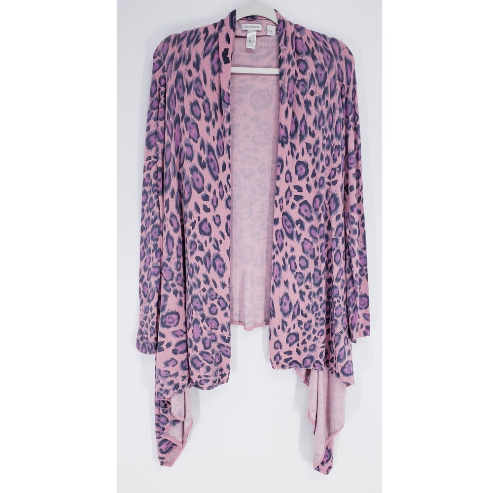 Boston Proper Leopard Print Open Waterfall Cardigan Women L Pink Purple Draped